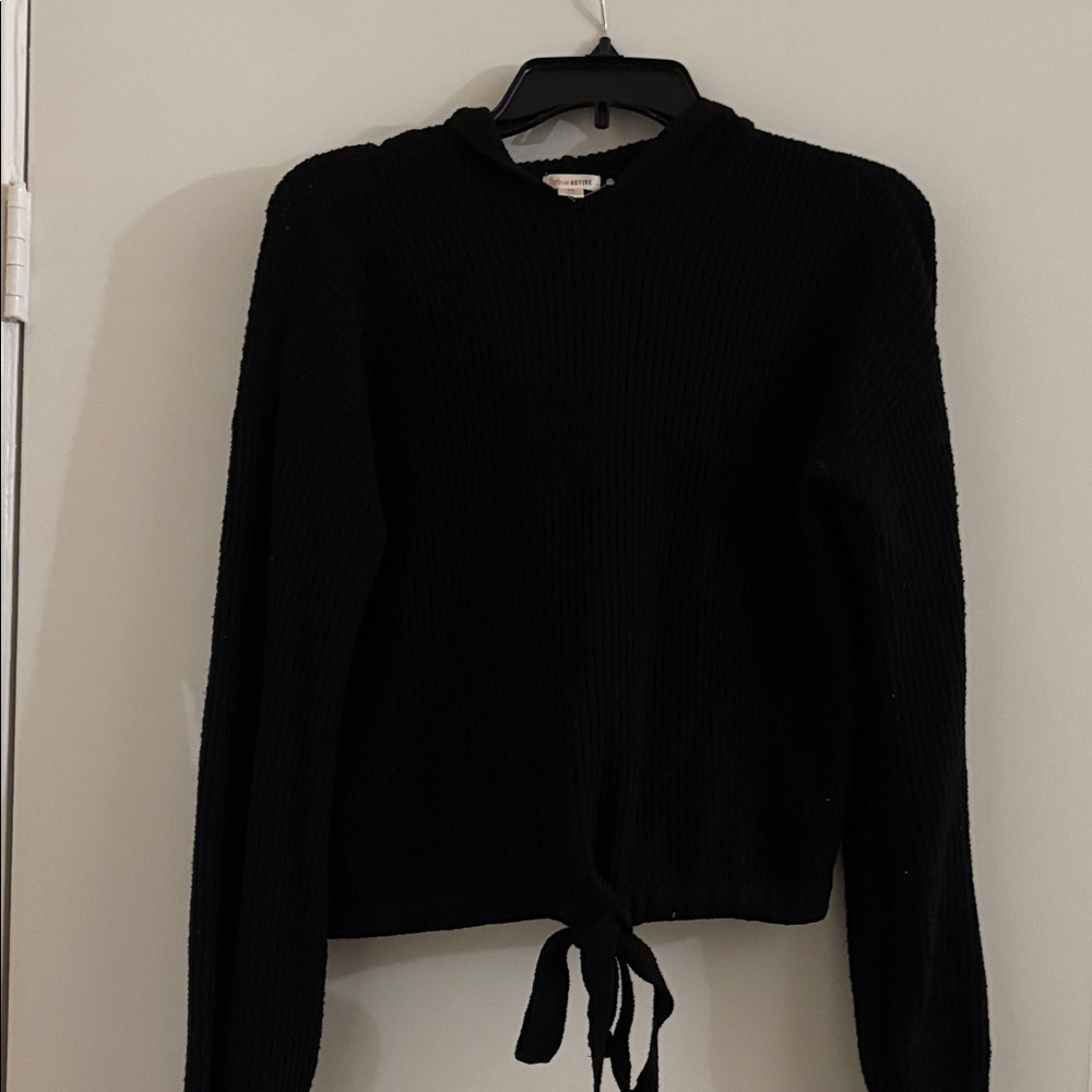 Elegant Black V-Neck Sweater with Tie Detail